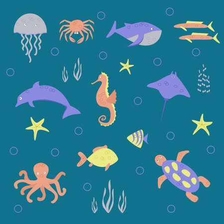 Sea inhabitants. Set of vector isolated cartoon images of sea animals.のイラスト素材