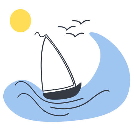 Sailboat at sea. Isolated vector flat image on white background. Boat on the wave. Sailing icon.のイラスト素材