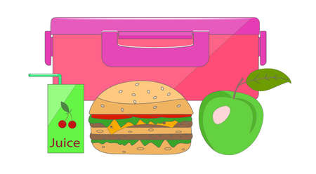 Lunch box. Isolated vector image on white background. Hamburger, juice pack and apple in front of a plastic lunch box. School lunch concept. Flat style. ponchのイラスト素材