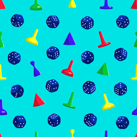 Colored dice and pawns. Seamless vector pattern. Isometric dice and figures for board games on a blue background.のイラスト素材