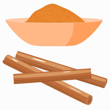 Cinnamon. Cinnamon stick and powder on a white background. Spice. Isolated vector image on white background. Flat style. Clipartのイラスト素材