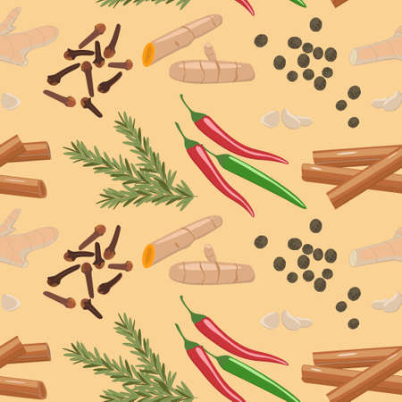 Spices seamless vector pattern. The image of condiments in a flat style on a beige background. Background for kitchen design, wallpaper, fabric, packaging.のイラスト素材