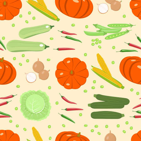 Vegetables harvest seamless vector pattern. Different types of vegetables in a flat style on a beige background. Background for design, wallpaper, fabric, packaging.のイラスト素材