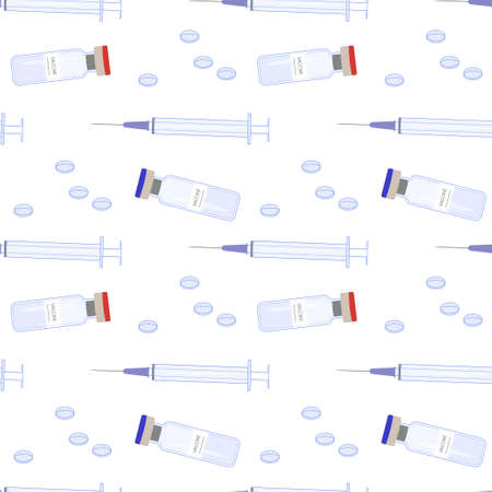 Medical ampoules and syringe. Seamless vector pattern on white background. Vaccine, syringe, pills.のイラスト素材