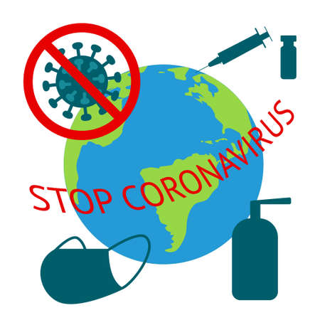 Stop coronavirus. Vector image of a protective medical mask, a syringe with a vaccine, means to protect hands from viruses, the sign Stop coronavirus on the background of the planet. Flat style.のイラスト素材