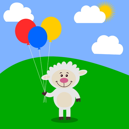 Sheep in a meadow holding balloonsのイラスト素材