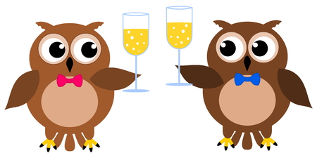 2 owls at a party with champagne glassのイラスト素材
