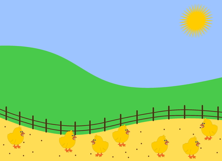 chickens in the barnyard pecking grainのイラスト素材