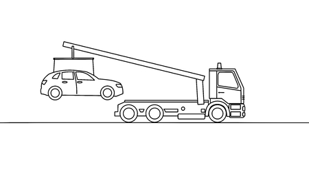 Tow truck picking up on a white backgroundの写真素材