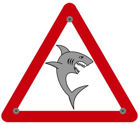 A large shark with an open jaw and sharp teeth in a danger signのイラスト素材