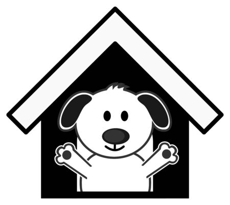 a smiling dog happy to live in his new doghouse with a black colourのイラスト素材