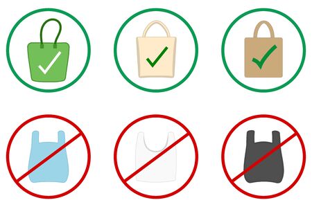 Set of images and icons with plastic and ecological bagのイラスト素材