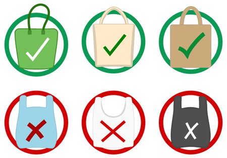 Set of images and icons with plastic and ecological bagのイラスト素材