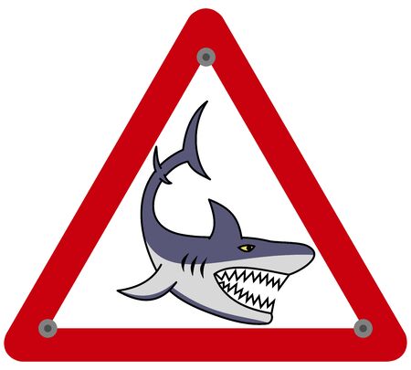 A large shark with an open jaw and sharp teeth in a danger signのイラスト素材