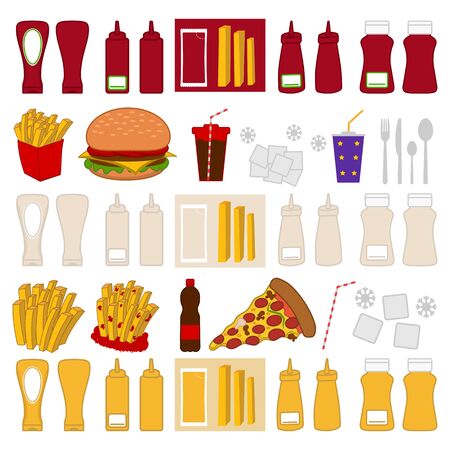 Set of images and icons for fast food with sauce and drinksのイラスト素材