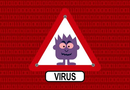 Concept of a computer virus and binary numbers with monster in warning panelのイラスト素材