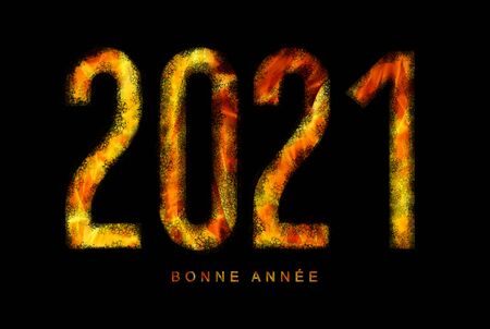 illustration of a happy new year 2021 text in the fire of hell for a catastrophic and apocalyptic theme on a black backgroundの写真素材