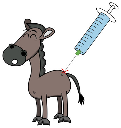 brown horse pricked with a syringe of vaccine from a veterinarian, with a painful stingのイラスト素材