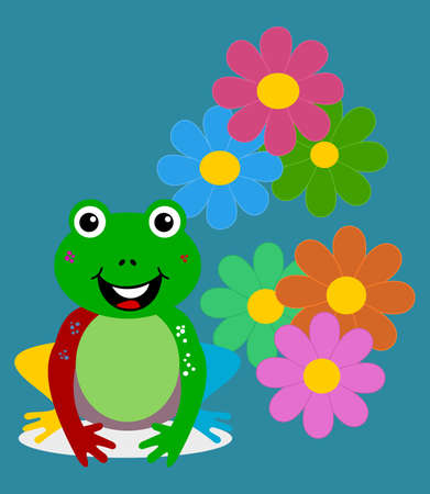 colourful merry carnival frog with spring flower on blue backgroundのイラスト素材