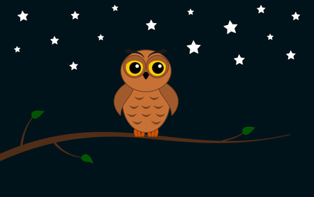 an owl on its tree branch, in the middle of a starry nightのイラスト素材