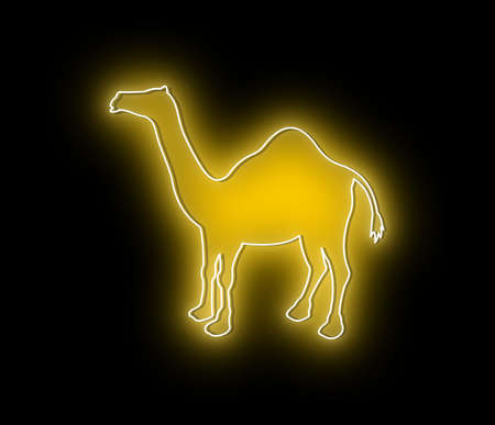 yellow desert camel illuminated in neon with decoration and nocturnal lightの写真素材
