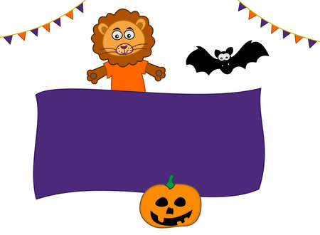 Halloween party with animal characters including lion pumpkin bat and some small flagsのイラスト素材