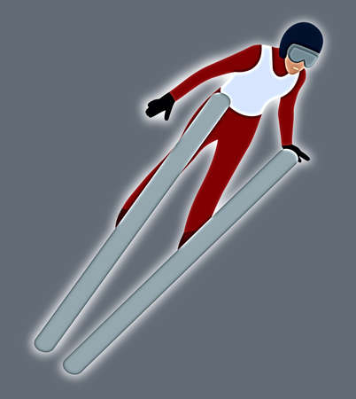 Professional skier jumping from a very large ski jump she is dressed in a red jumpsuit - illustrationの写真素材