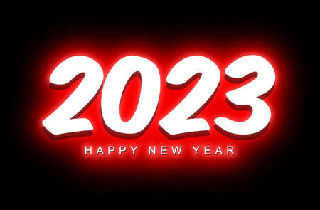 illustration of a happy new year 2023 white text on a black background with a red light effect such as night neon lighting - illustrationの写真素材