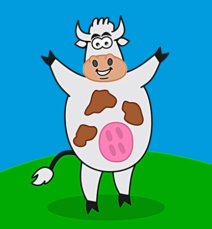 Dairy cow with mountain landscape and blue sky for dairy products - illustrationの写真素材