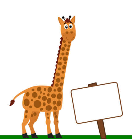Beautiful and cute smiling giraffe on green meadow with billboard on white backgroundのイラスト素材
