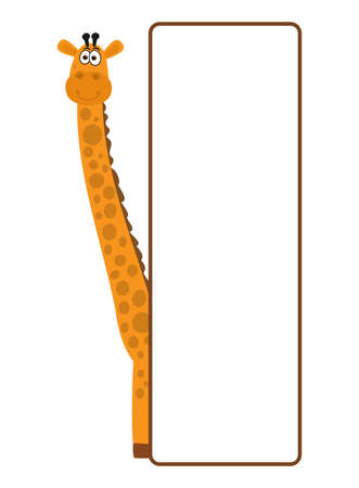 Beautiful and cute smiling giraffe on profile with advertising panel on white backgroundのイラスト素材
