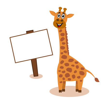 Beautiful and cute smiling giraffe on profile with advertising panel on white backgroundのイラスト素材