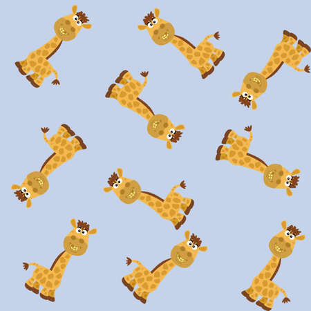 Small and young giraffe design with yellow teeth and brown hair with a lot of humor for gift wrapping paper on blue backgroundのイラスト素材