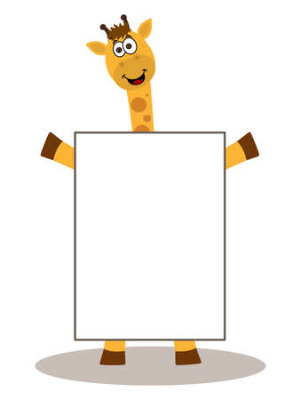 Beautiful and cute smiling giraffe standing with open arms and advertising panel on white backgroundのイラスト素材