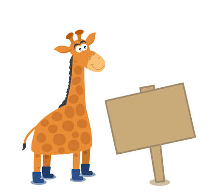 Beautiful and cute giraffe with blue boots and billboard on white backgroundのイラスト素材