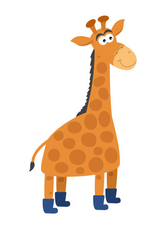 Beautiful and cute smiling giraffe with blue boots in profile in white backgroundのイラスト素材