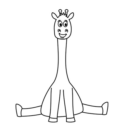 Sitting smiling giraffe in black and white to be colored on white backgroundのイラスト素材