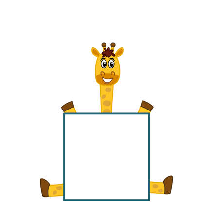 Beautiful and cute smiling giraffe sitting with advertising panel on white backgroundのイラスト素材