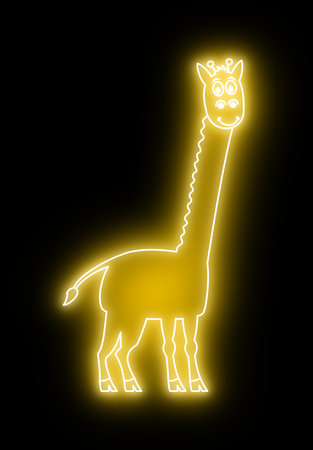 Yellow giraffe on a black background with a yellow light effect such as night neon lighting - illustrationの写真素材