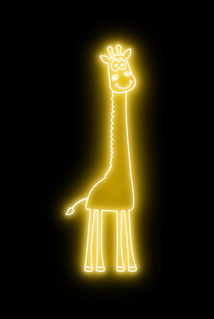 Yellow giraffe on a black background with a yellow light effect such as night neon lighting - illustrationの写真素材