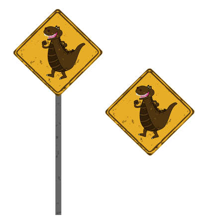 Square road sign of a brown crocodile dinosaur with big teethのイラスト素材