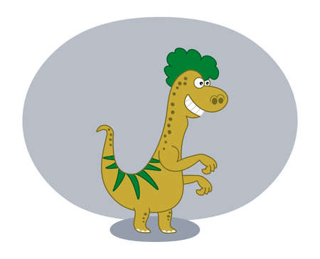 Smiling yellow lizard dinosaur with green hair and gray backgroundのイラスト素材