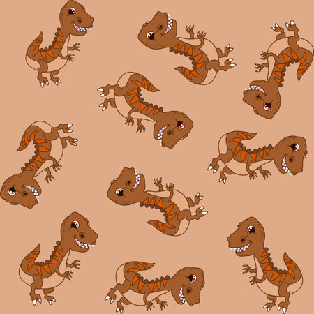 Print pattern with brown tyrannosaurus dinosaur and big teeth on brown backgroundのイラスト素材