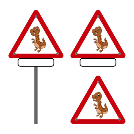 Tyrannosaurus dinosaur danger road sign on white and red backgroundのイラスト素材