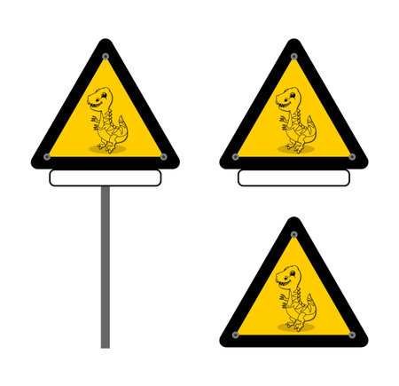 Triangular road sign of danger of a tyrannosaurus dinosaur on yellow and black backgroundのイラスト素材