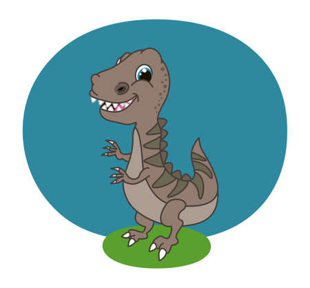 Smiling young grey tyrannosaurus dinosaur with blue sky and fresh grassのイラスト素材