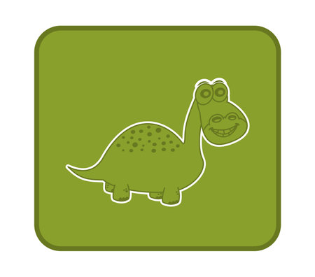 Square button with young herbivorous dinosaur and spots on green backgroundのイラスト素材