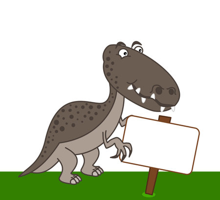 Carnivorous dinosaur with sharp teeth and holding a sign on the grassのイラスト素材