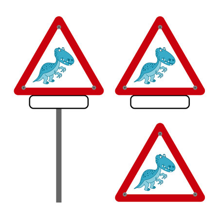 Danger road sign of a carnivorous dinosaur on a white and red backgroundのイラスト素材