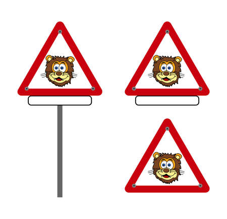Danger red color triangular road sign with lion presence with titleのイラスト素材